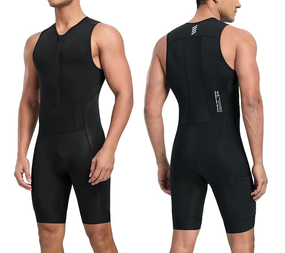 Santic Men's Triathlon Suit Sleeveless Skinsuit Padded Quick-Dry Swim Bike Run with Pockets